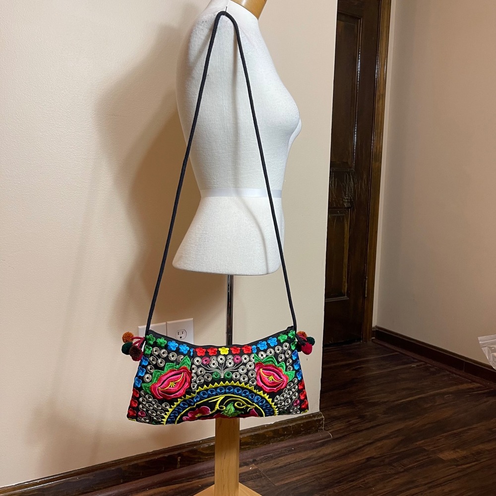 Bohemian Embroidered Floral Shoulder Bag Pom Pom Accents Black Multicolor Small